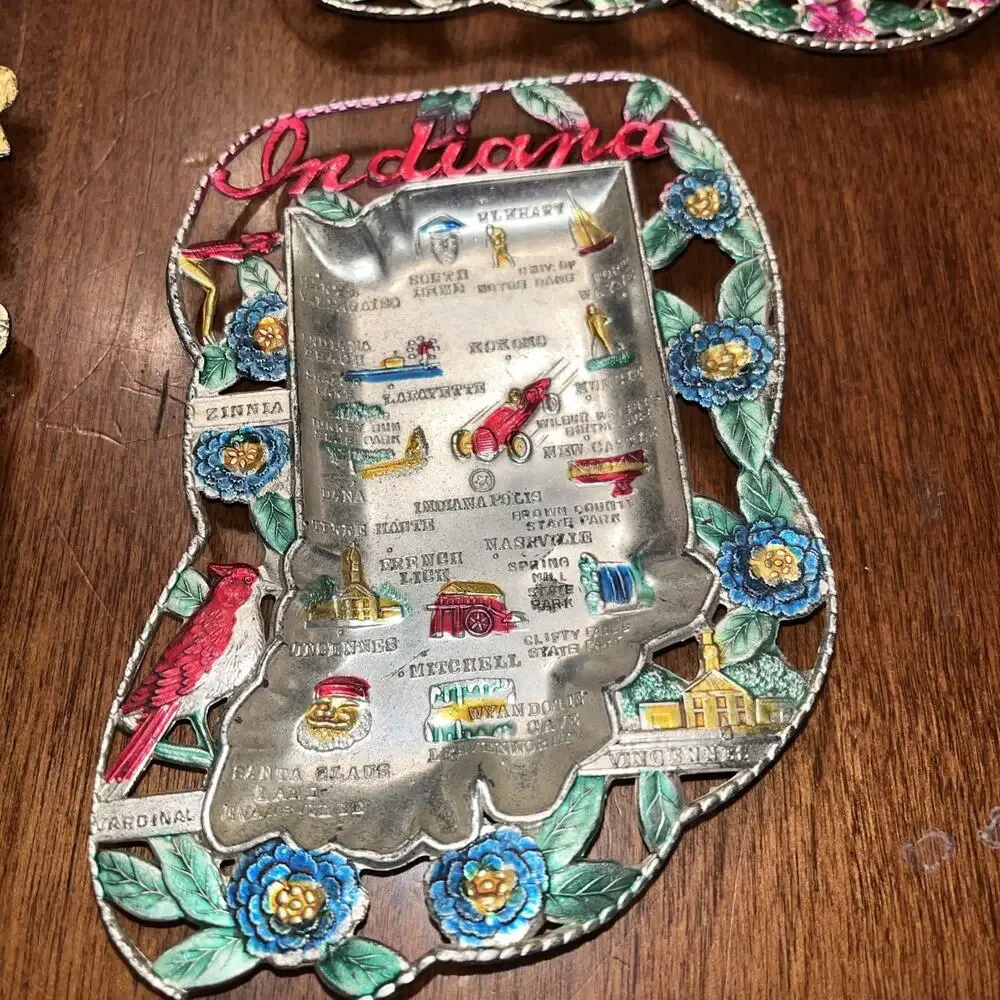 Vintage Japan Trinket Dish Tin Travel Souvenir State Ashtray Boston, MA NH OH IN